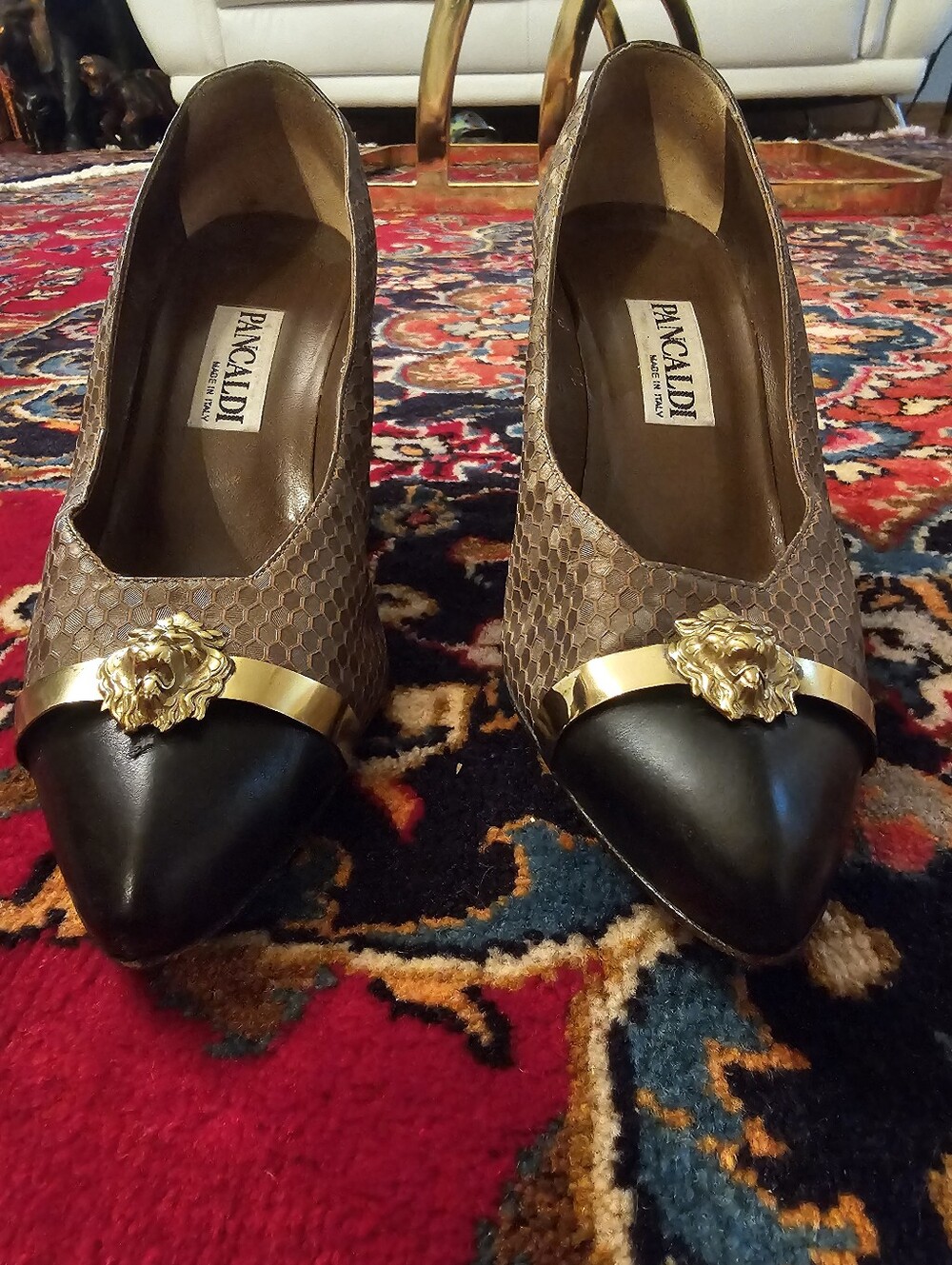 Vintage PANCALDI - Brown & Black Pointed Toe Pumps with Gold Accent